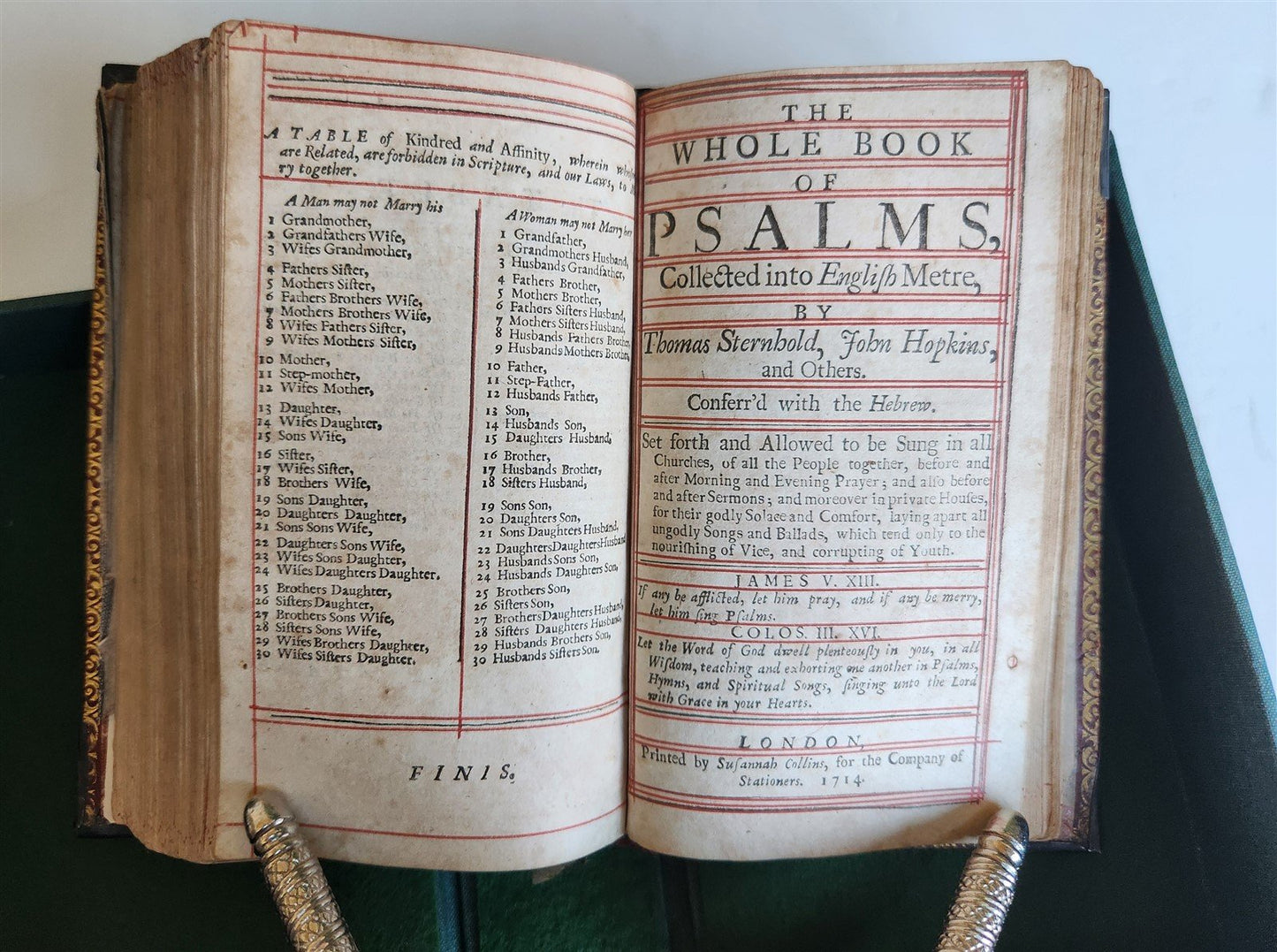 1715 BOOK of PSALMS antique in ENGLISH original binding w/ silver corners 18th C