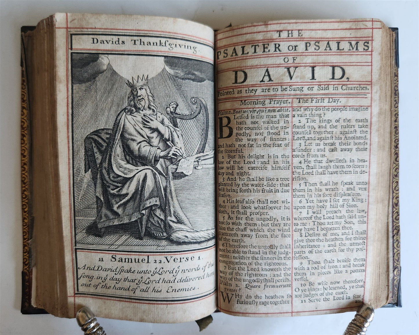 1715 BOOK of PSALMS antique in ENGLISH original binding w/ silver corners 18th C
