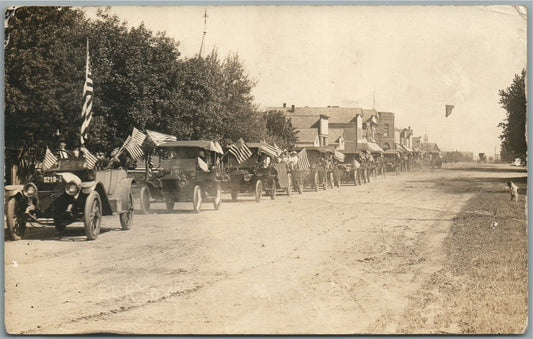 ELKTON SD PATRIOTIC PARADE OLD CARS US FLAGS ANTIQUE REAL PHOTO POSTCARD RPPC