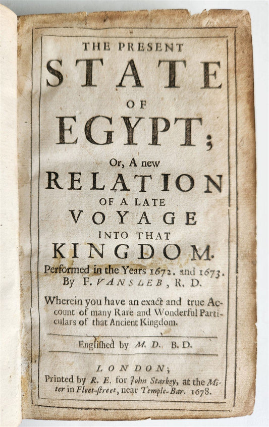 1678 PRESENT STATE of EGYPT antique 1672 VOYAGE of Johann Wansleben 1st EDITION