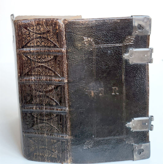 1681 BIBLE in ENGLISH antique OLD & NEW TESTAMENT BINDING w/METAL CORNER PIECES