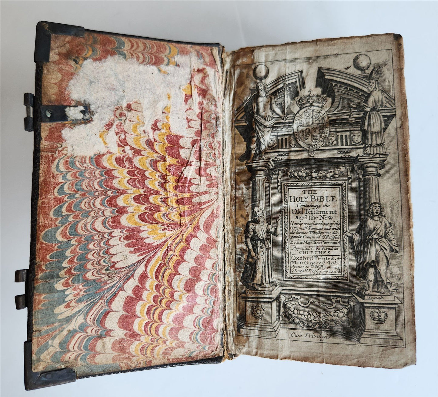 1681 BIBLE in ENGLISH antique OLD & NEW TESTAMENT BINDING w/METAL CORNER PIECES