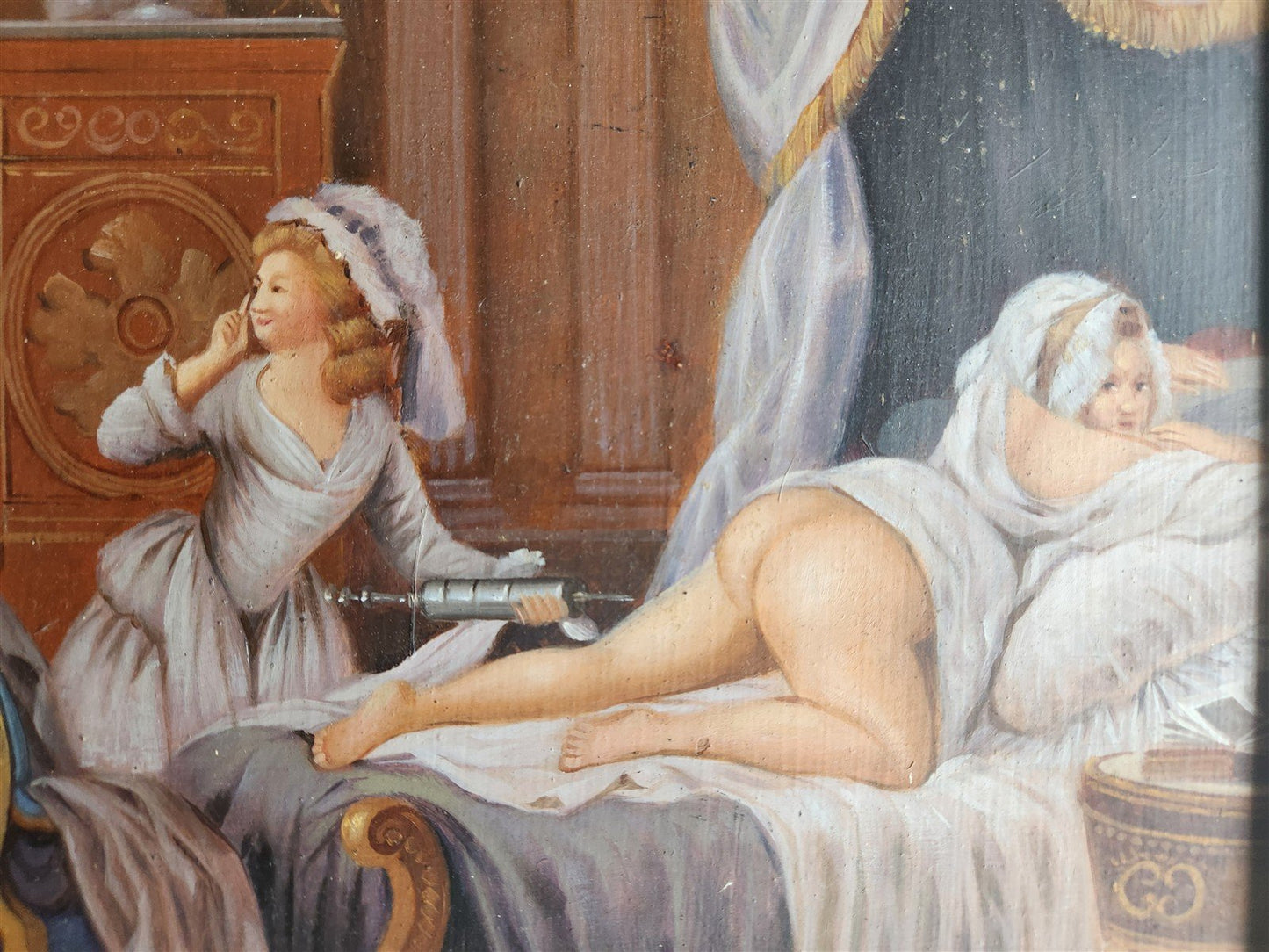 1900s EROTIC SCENE ANTIQUE OIL PAINTING on WOOD PANEL