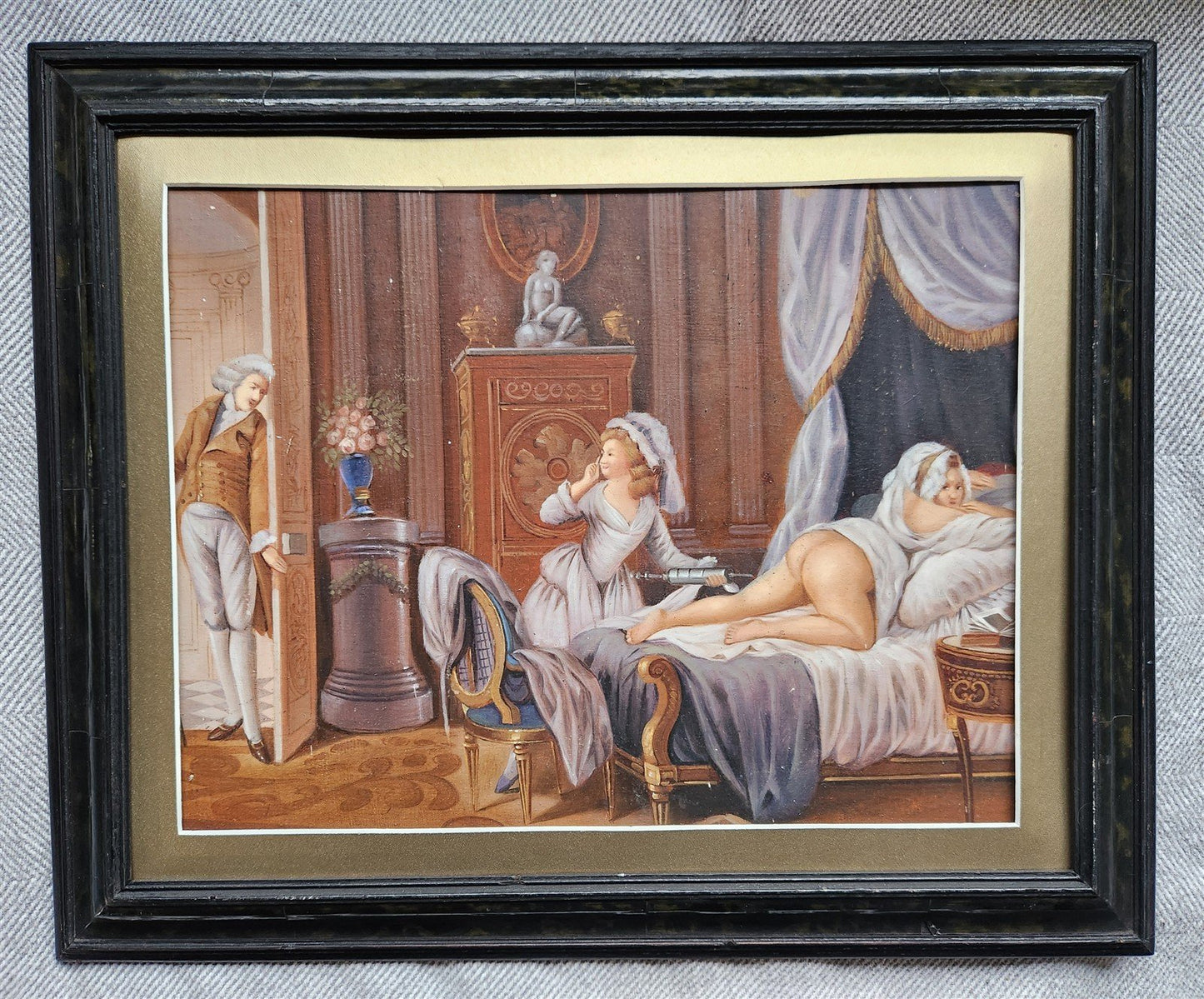 1900s EROTIC SCENE ANTIQUE OIL PAINTING on WOOD PANEL