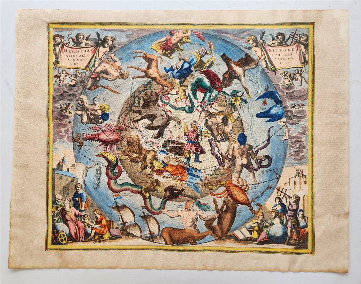 VINTAGE CELESTIAL MAP by CELLARIUS w/ ZODIAC SIGNS of NORTHERN HEMISPHERE