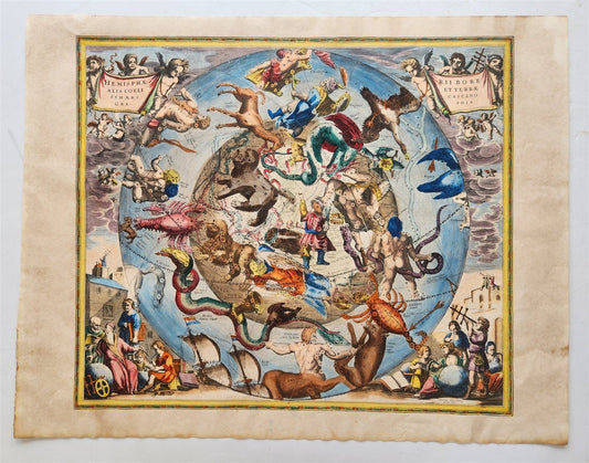 VINTAGE CELESTIAL MAP by CELLARIUS w/ ZODIAC SIGNS of NORTHERN HEMISPHERE