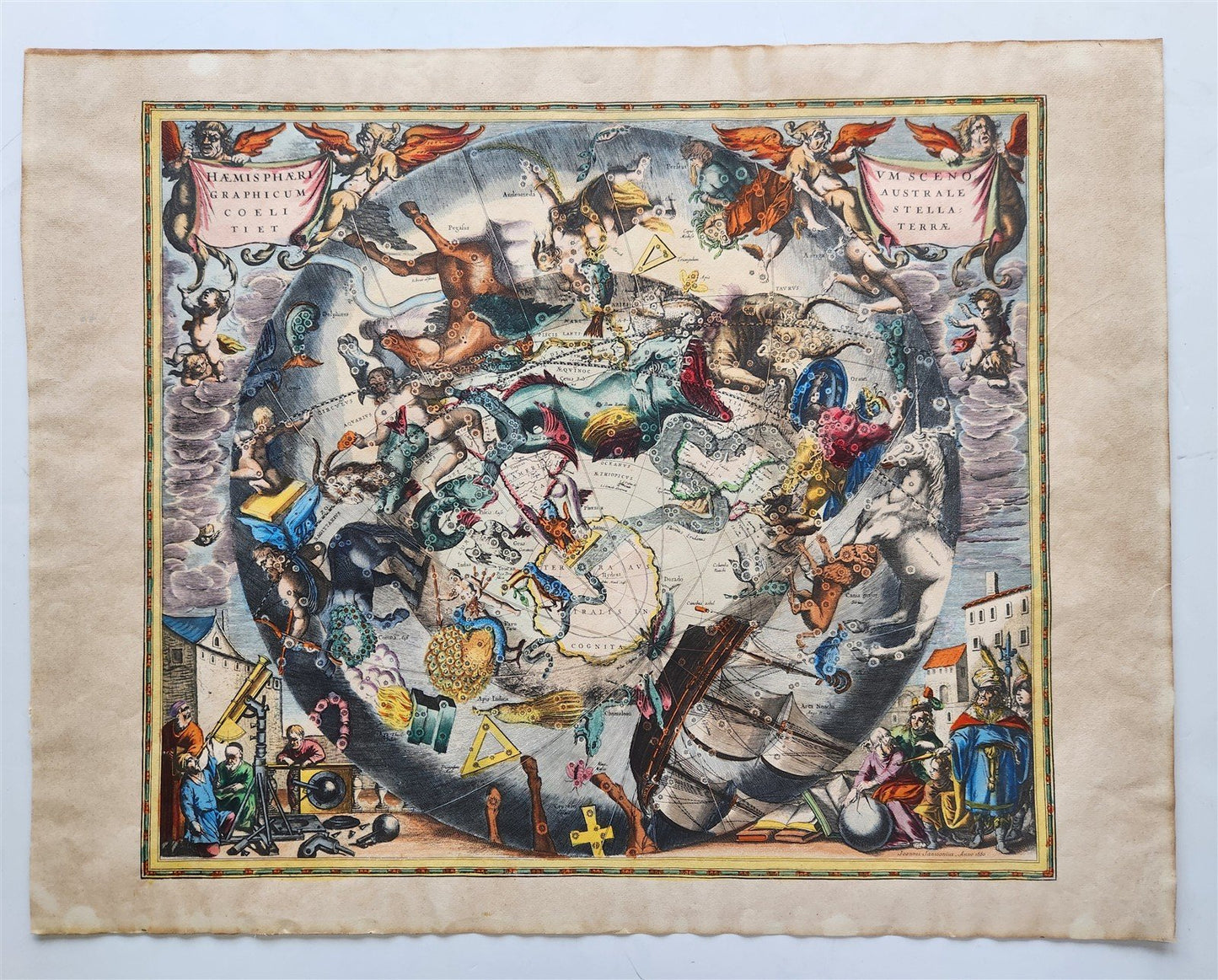 VINTAGE CELESTIAL MAP by CELLARIUS w/ ZODIAC SIGNS of SOUTHERN HEMISPHERE