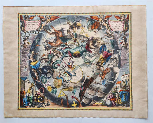 VINTAGE CELESTIAL MAP by CELLARIUS w/ ZODIAC SIGNS of SOUTHERN HEMISPHERE