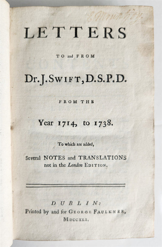 1741 LETTERS TO & FROM DR.J.SWIFT from YEAR 1714, TO 1738 antique