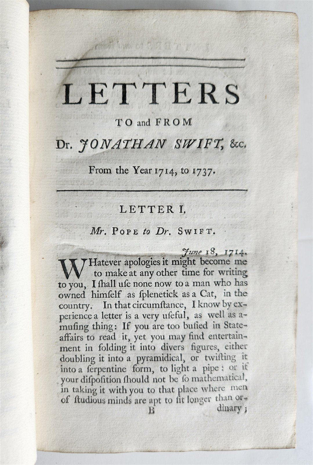 1741 LETTERS TO & FROM DR.J.SWIFT from YEAR 1714, TO 1738 antique
