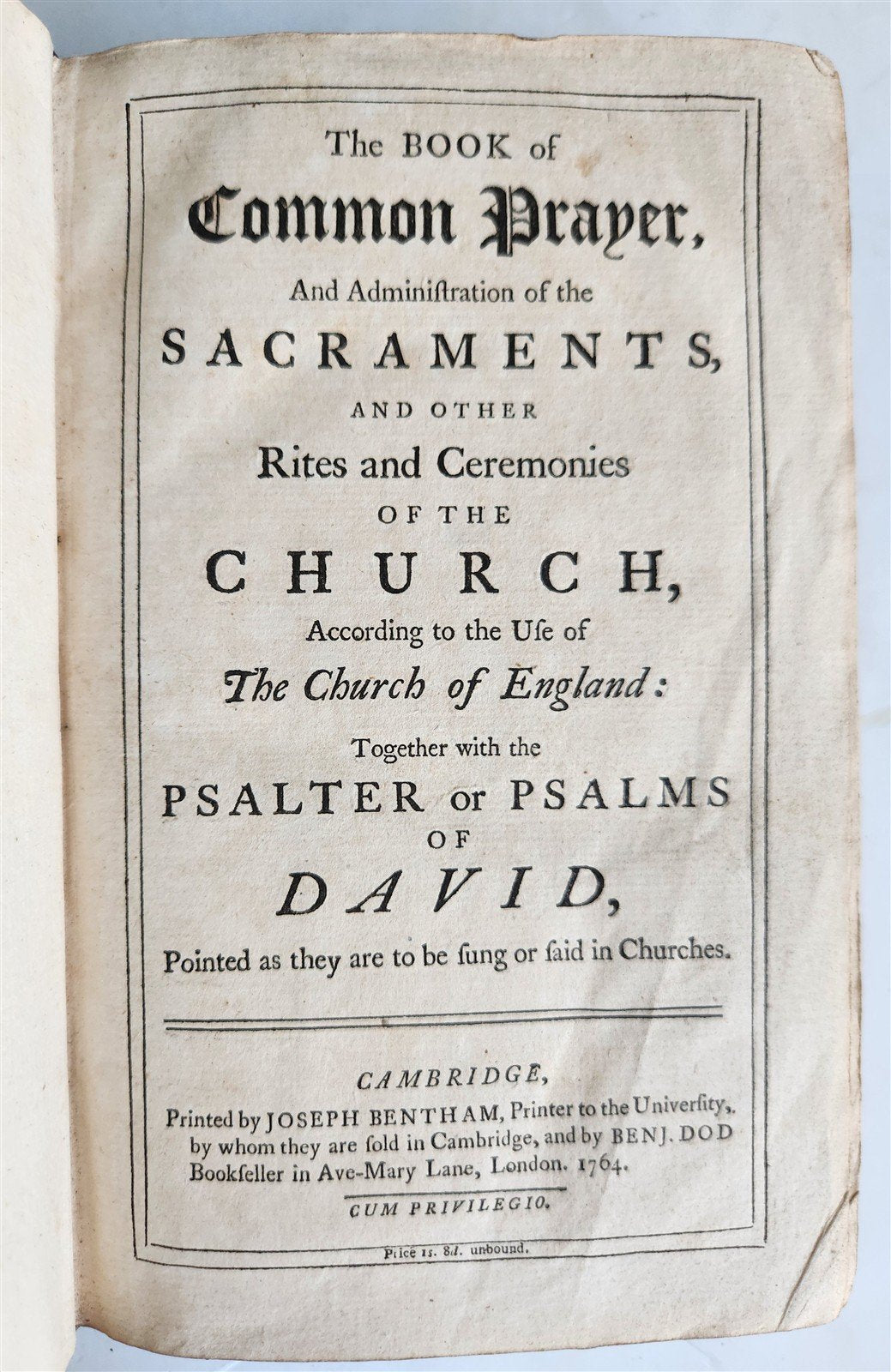1764 BOOK OF COMMON PRAYER in ENGLISH antique