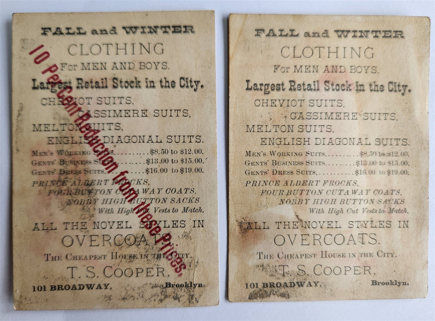 BROOKLYN NY 2 ANTIQUE VICTORIAN TRADE CARDS COOPER CLOTHING