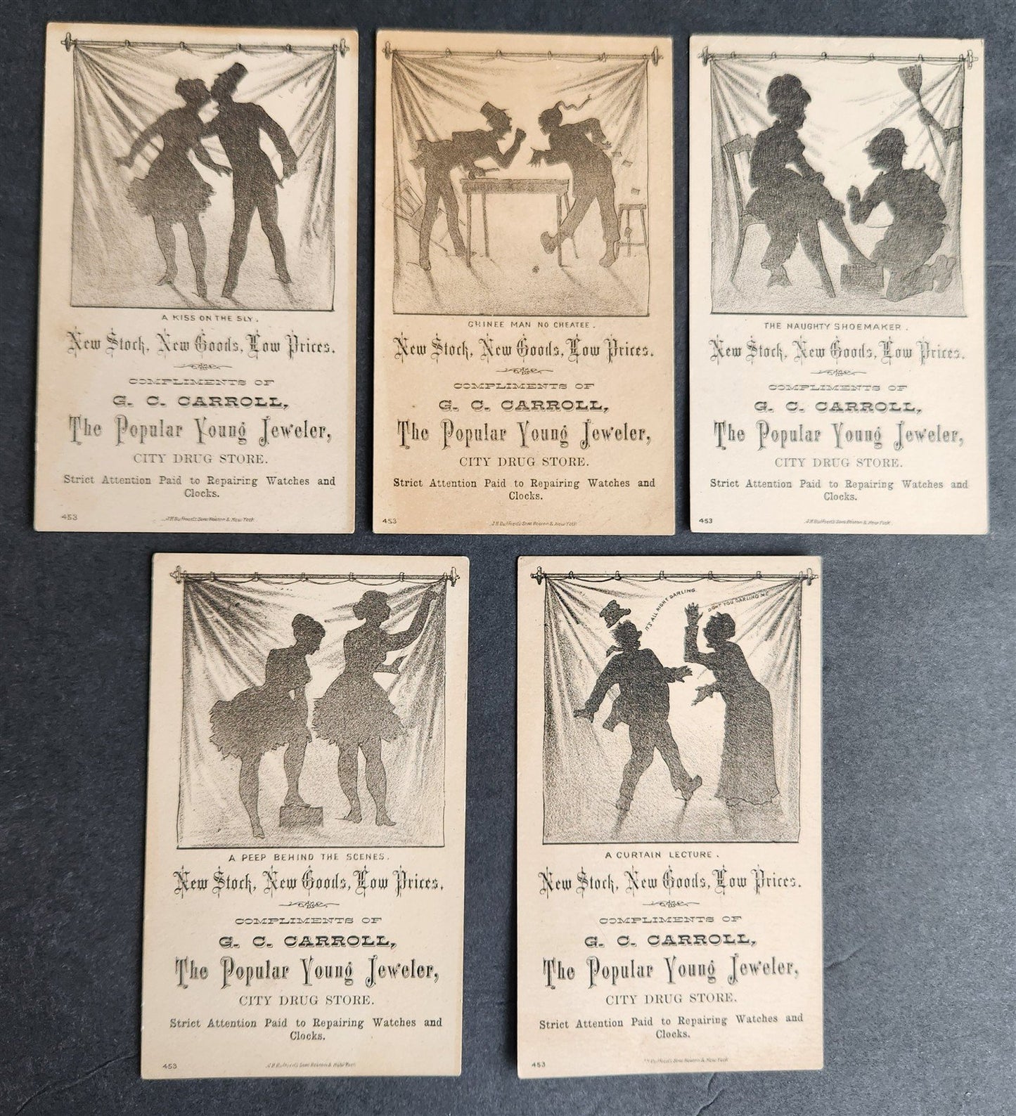 5 ANTIQUE VICTORIAN TRADE CARDS - SHADOW SHOW