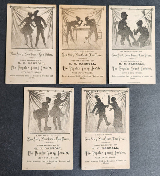 5 ANTIQUE VICTORIAN TRADE CARDS - SHADOW SHOW