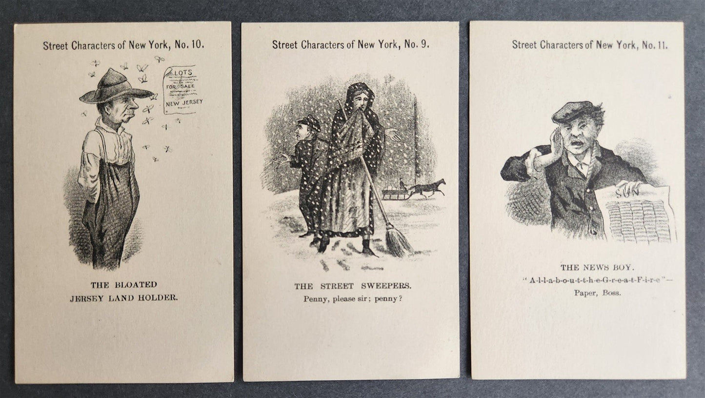 3 ANTIQUE VICTORIAN TRADE CARDS BROOKLYN TAILOR - STREET CHARACTERS of NEW YORK