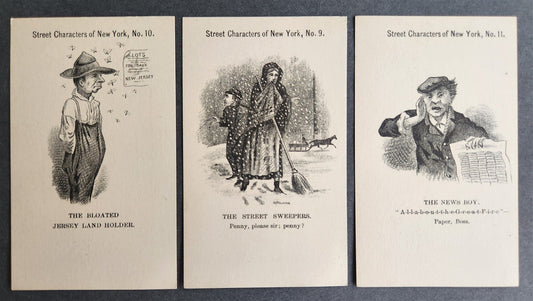 3 ANTIQUE VICTORIAN TRADE CARDS BROOKLYN TAILOR - STREET CHARACTERS of NEW YORK