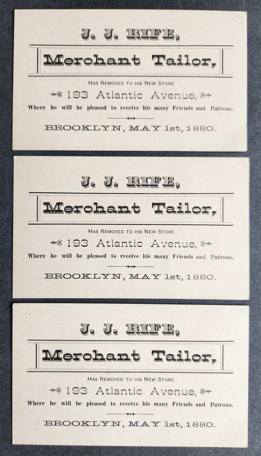 3 ANTIQUE VICTORIAN TRADE CARDS BROOKLYN TAILOR - STREET CHARACTERS of NEW YORK