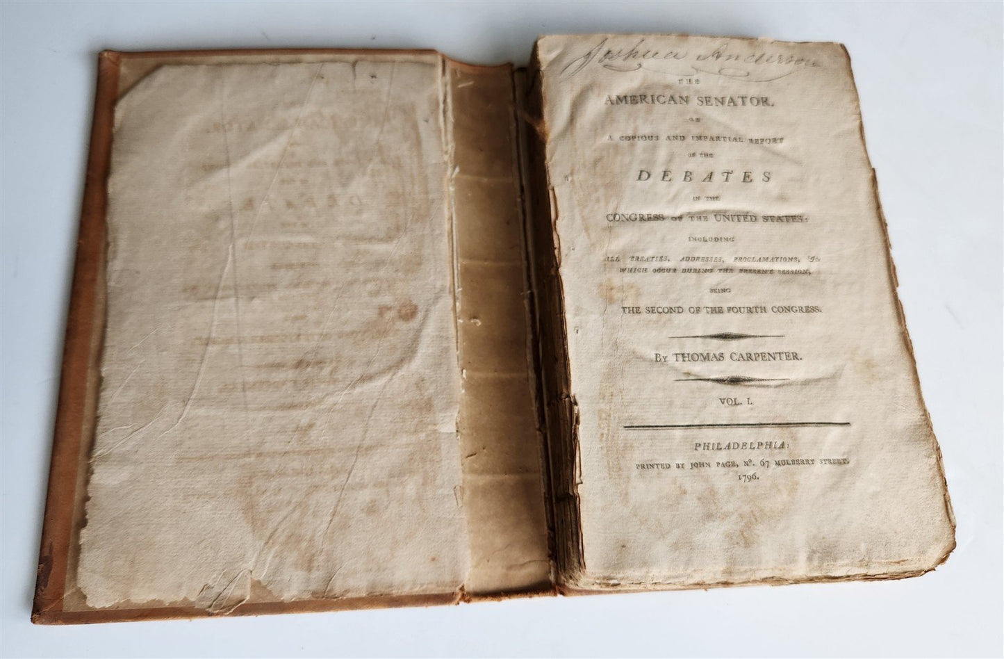 1796 AMERICAN SENATOR REPORT of DEBATES in CONGRESS of UNITED STATES antique