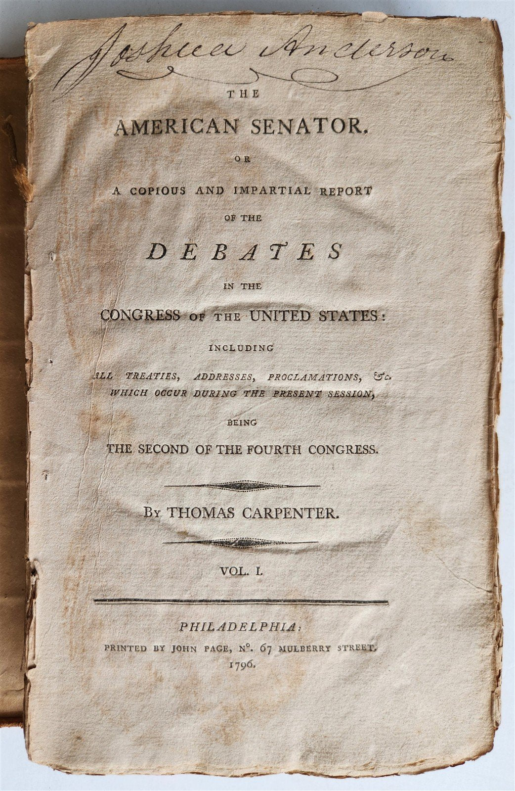 1796 AMERICAN SENATOR REPORT of DEBATES in CONGRESS of UNITED STATES antique