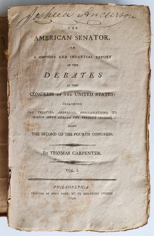 1796 AMERICAN SENATOR REPORT of DEBATES in CONGRESS of UNITED STATES antique