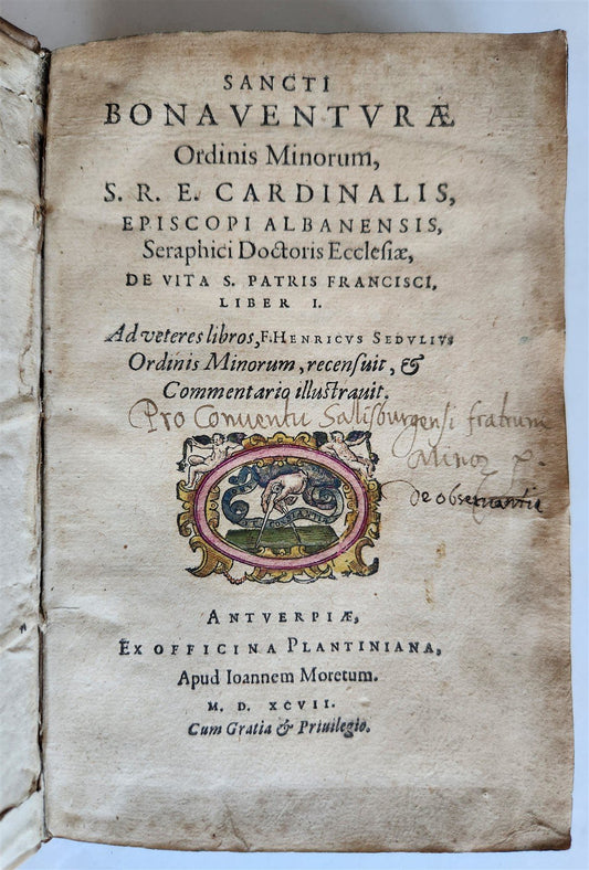 1597 LIFE of ST. FRANCIS by BONAVENTURE PLANTIN PRESS antique VELLUM BOUND