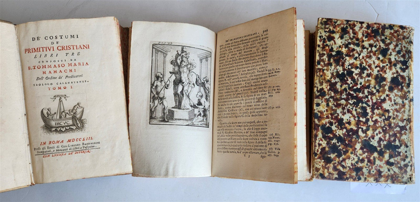 1753 ILLUSTRATED TORTURE & EXECUTION of EARLY CHRISTIANS antique 3 VOLS vellum