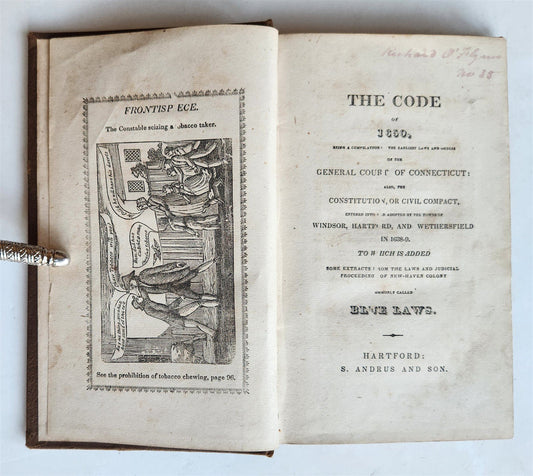 1822 CODE OF 1650 CONNECTICUT BLUE LAWS antique AMERICANA