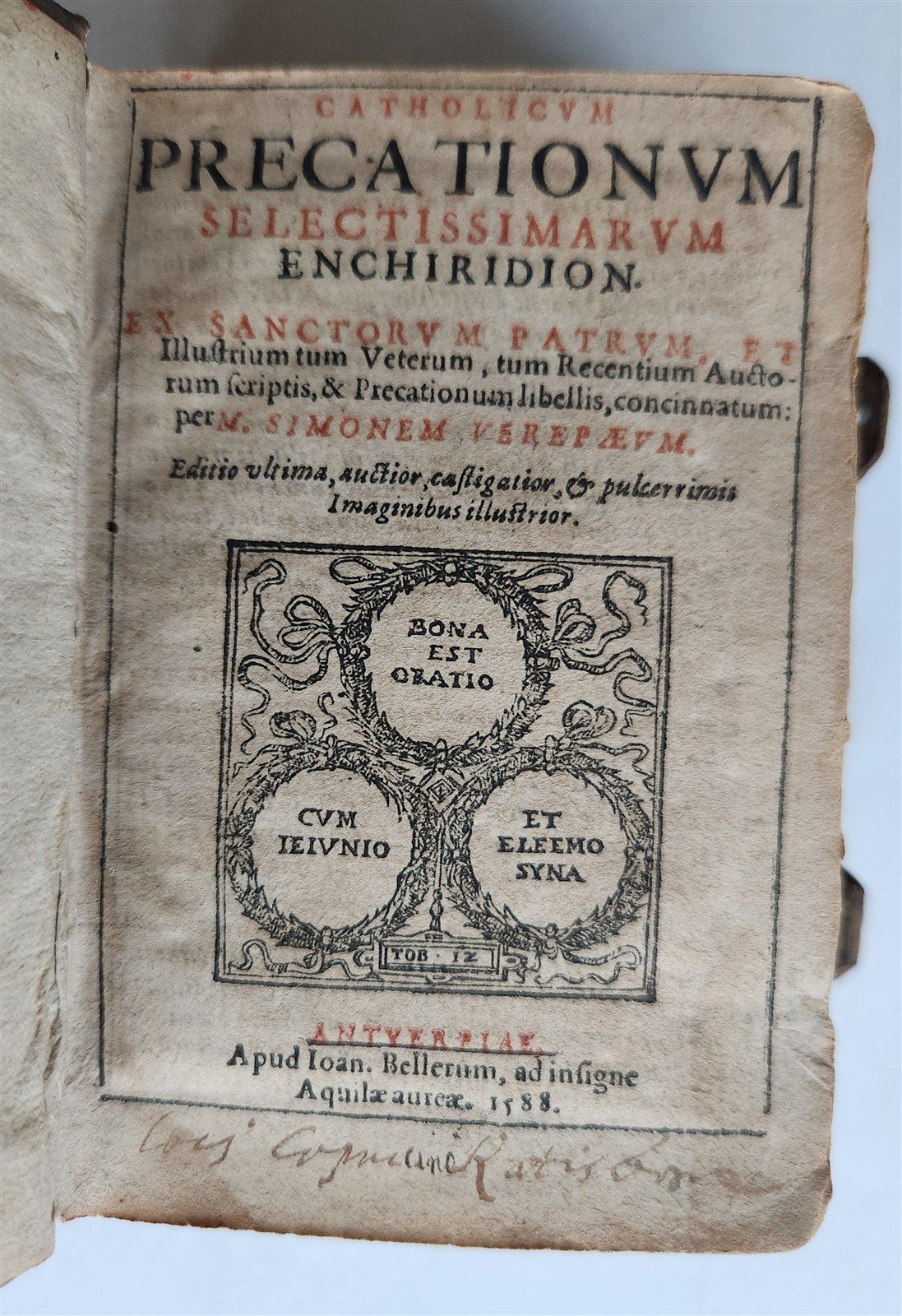 1588 THEOLOGY antique ILLUSTRATED w/ 93 WOODCUT ENGRAVINGS PIGSKIN BINDING