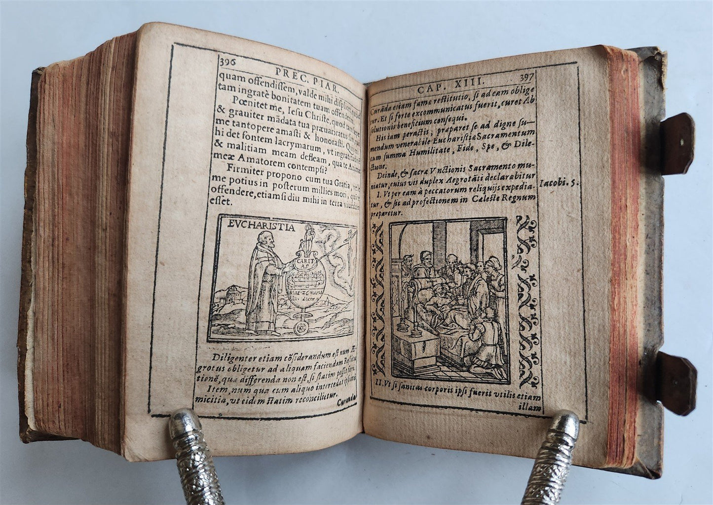 1588 THEOLOGY antique ILLUSTRATED w/ 93 WOODCUT ENGRAVINGS PIGSKIN BINDING