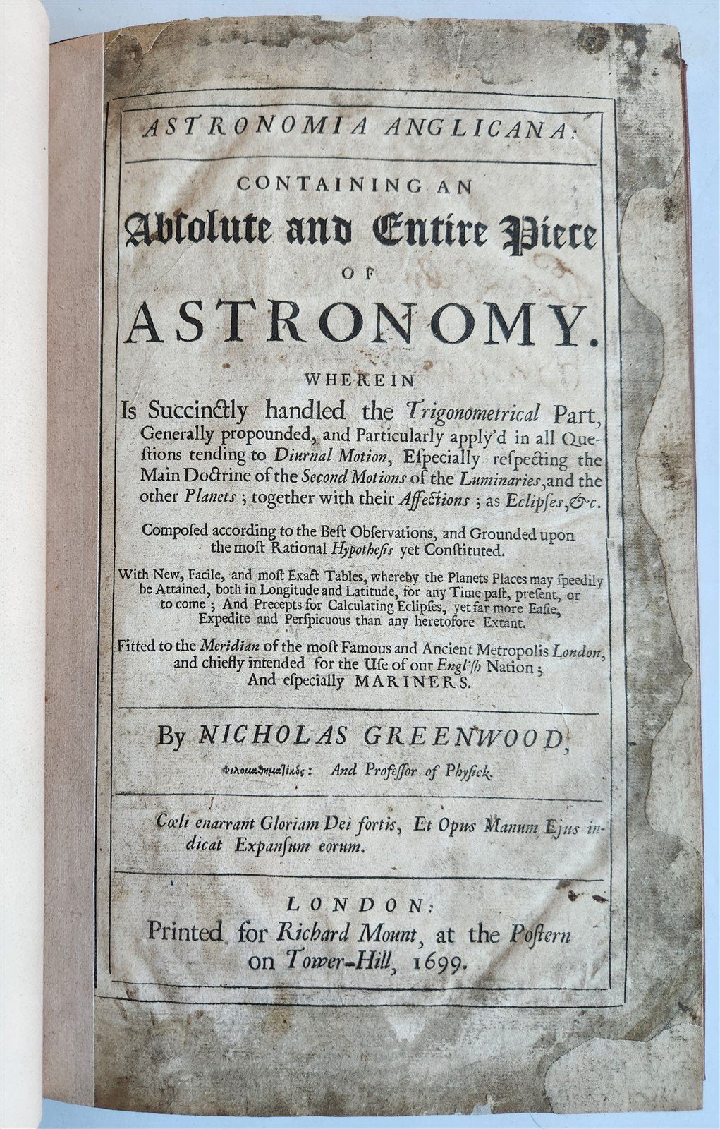 1699 ASTRONOMIA ANGLICANA in ENGLISH by N. Greenwood antique ILLUSTRATED scarce