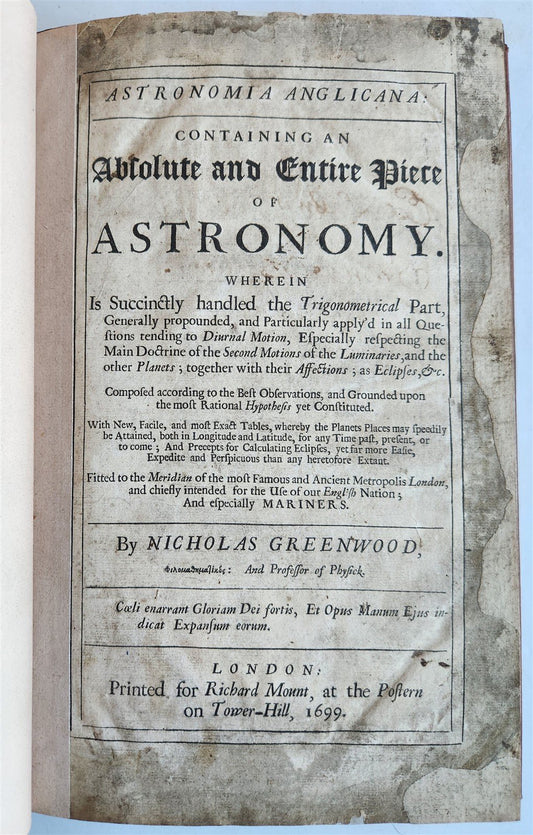 1699 ASTRONOMIA ANGLICANA in ENGLISH by N. Greenwood antique ILLUSTRATED scarce