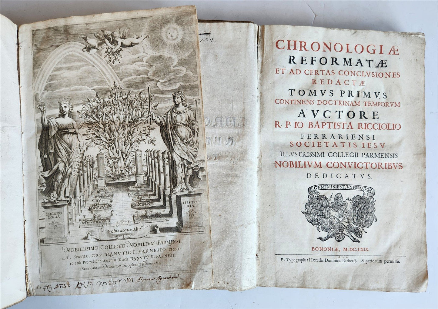 1669 CHRONOLOGIAE REFORMATAE by ASTRONOMER G. Riccioli antique 2 VELLUM FOLIOS