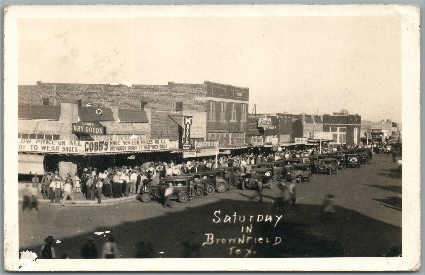 BROWNFIELD TX STREET SCENE w/ CARS ANTIQUE REAL PHOTO POSTCARD RPPC