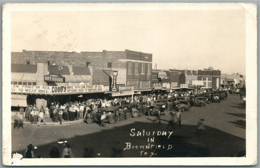 BROWNFIELD TX STREET SCENE w/ CARS ANTIQUE REAL PHOTO POSTCARD RPPC
