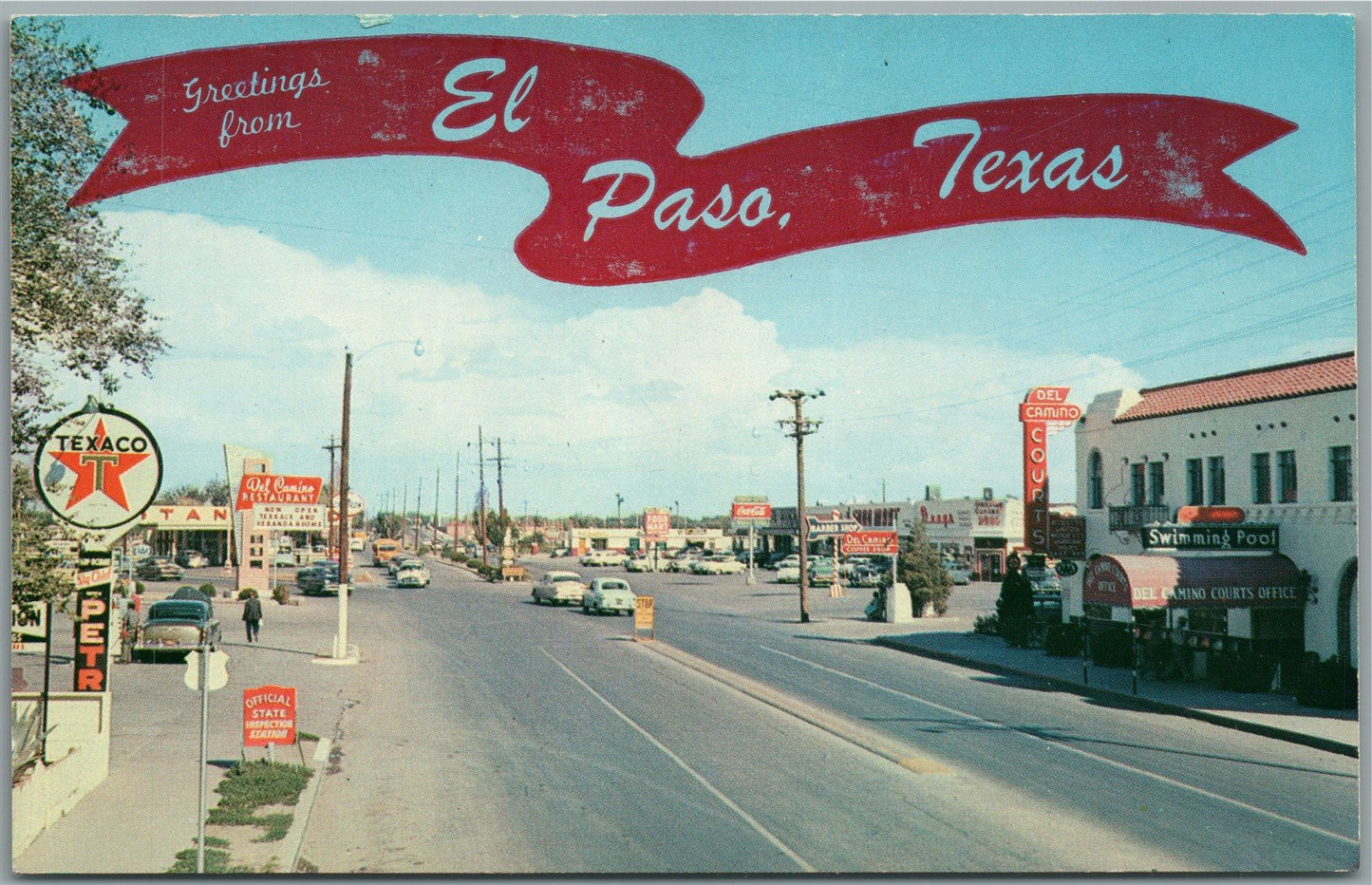 EL PASO TX STREET SCENE w/ TEXACO GAS STATION VINTAGE POSTCARD