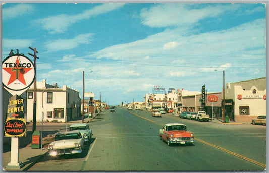 VAN HORN TX STREET SCENE w/ TEXACO GAS STATION VINTAGE POSTCARD