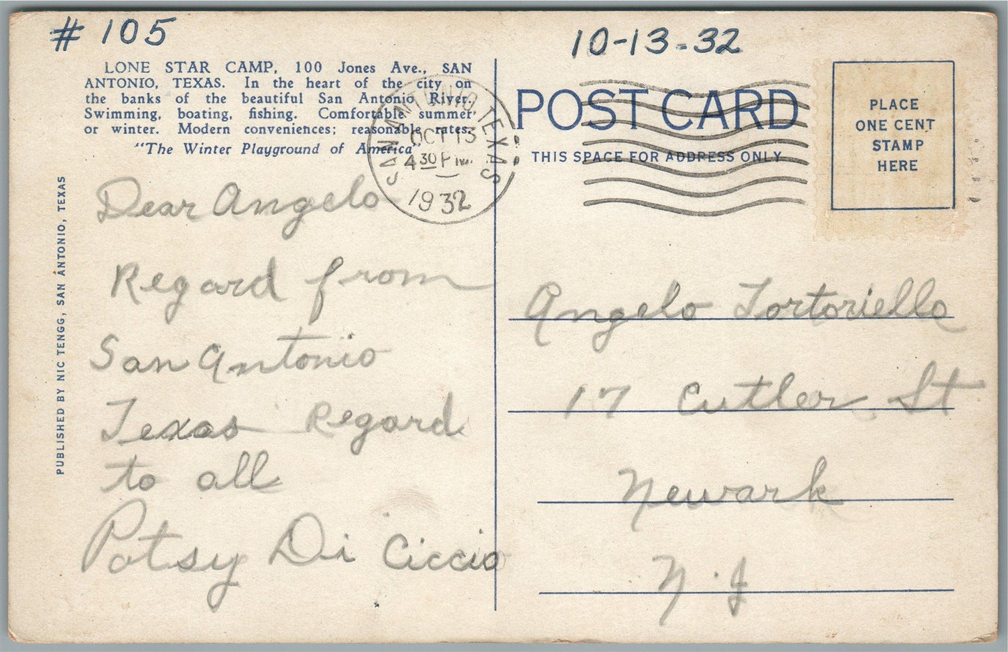 SAN ANTONIO TX LONE STAR CAMP ANTIQUE POSTCARD