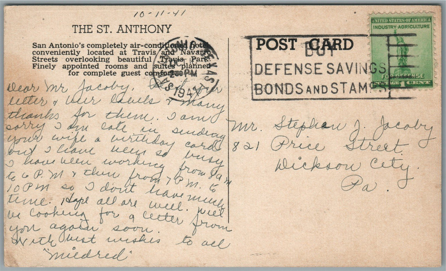 SAN ANTONIO TX THE ST.ANTHONY HOTEL VINTAGE POSTCARD