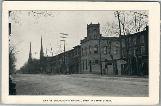 STROUDSBURG PA NATIONAL BANK & MAIN STREET ANTIQUE POSTCARD