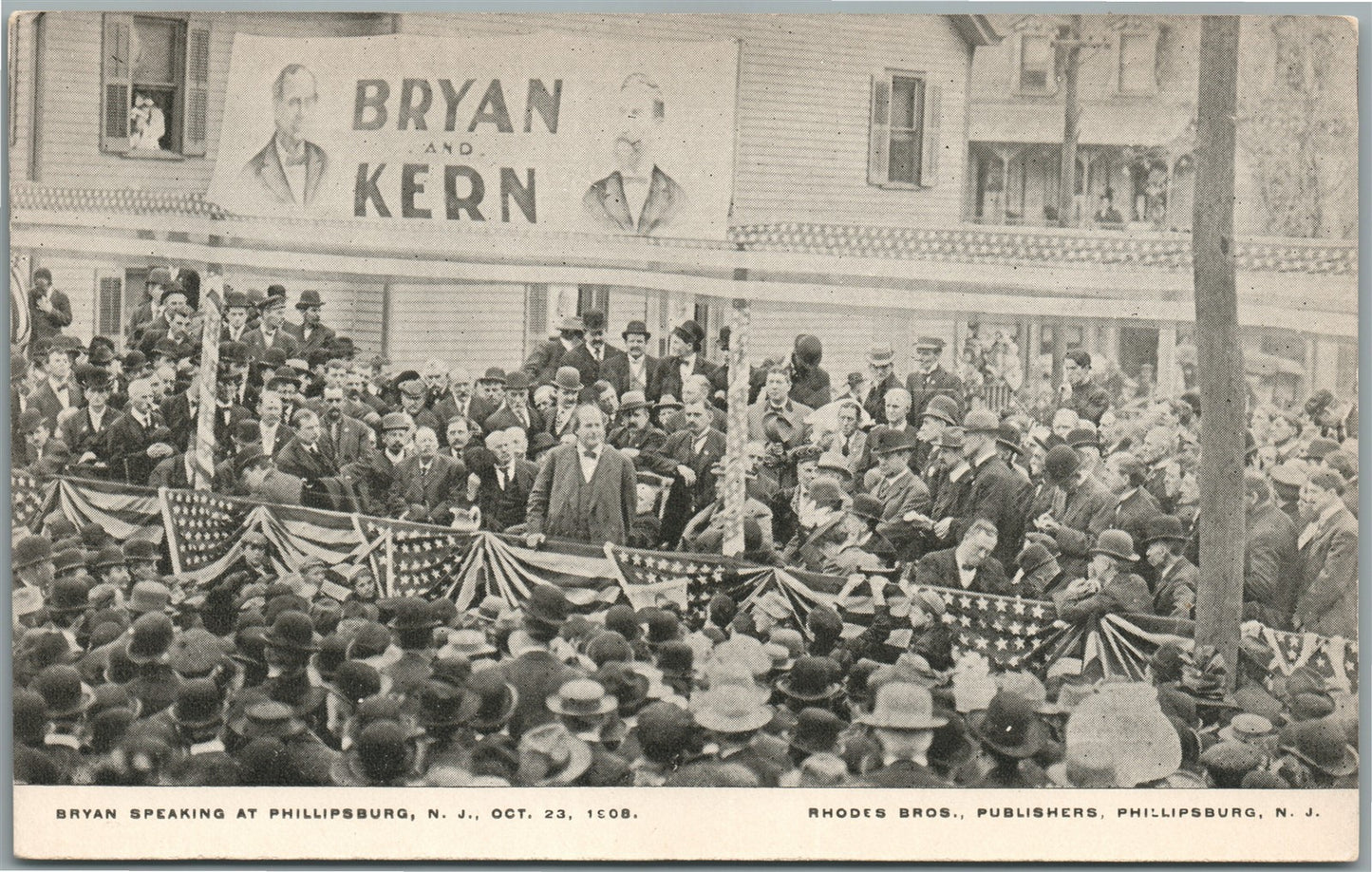 PHILLIPSBURG NJ BRYAN SPEAKING 1908 ELECTION ANTIQUE POSTCARD