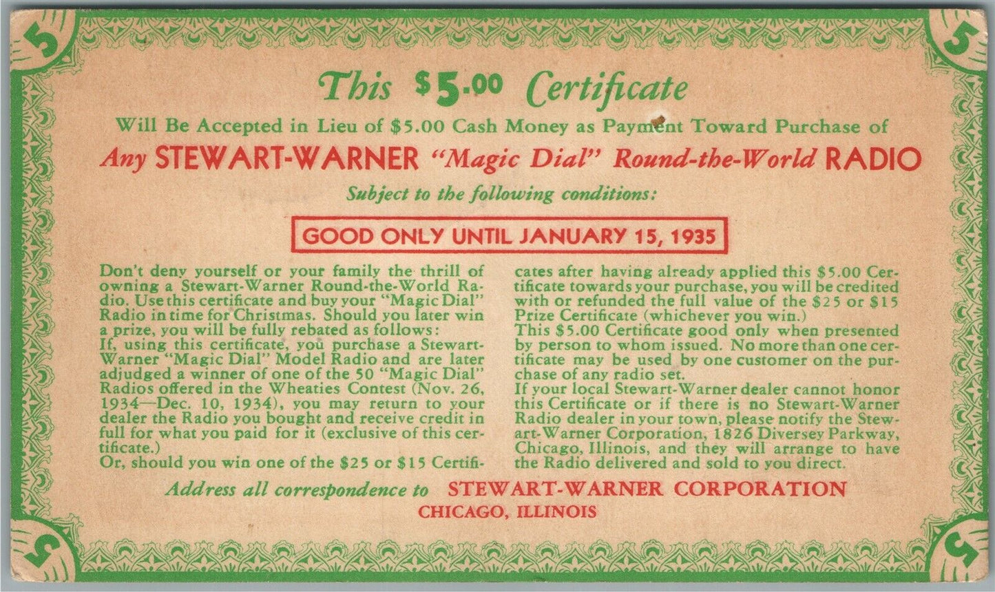 STEWART WARNER MAGIC DIAL RADIO ADVERTISING 1934 ANTIQUE POSTCARD