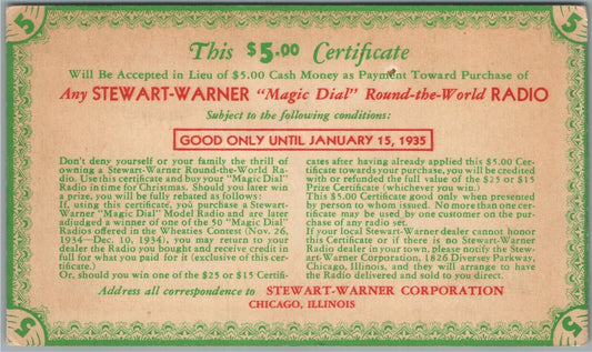 STEWART WARNER MAGIC DIAL RADIO ADVERTISING 1934 ANTIQUE POSTCARD