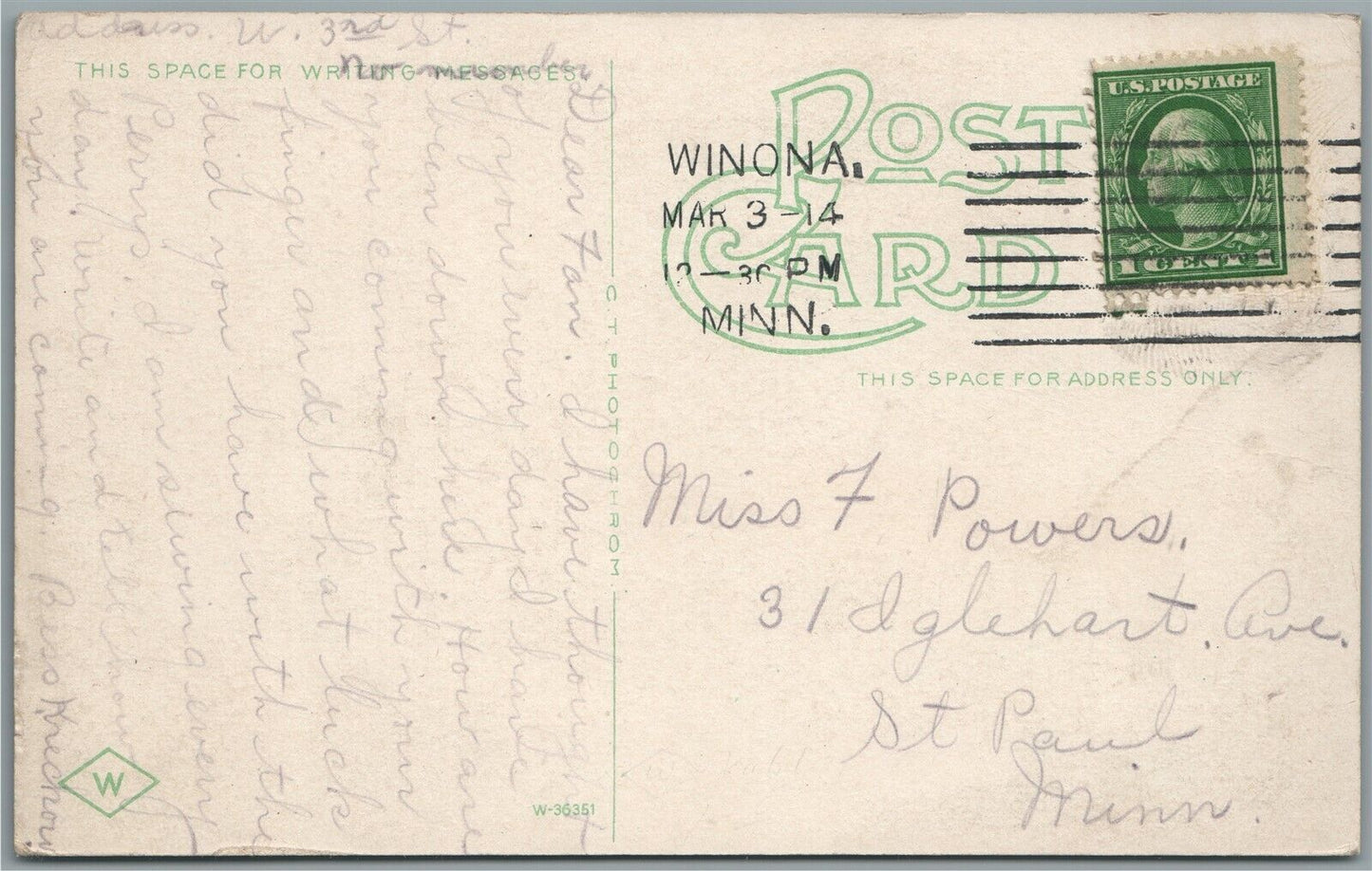 WININA MN BROADWAY ANTIQUE POSTCARD