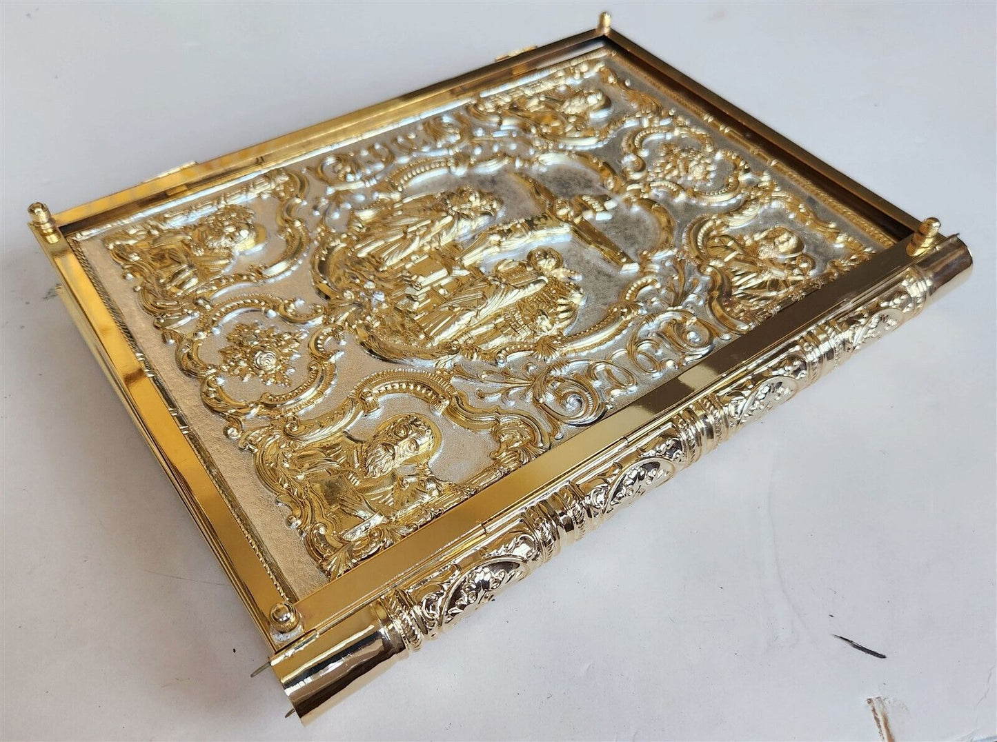 GREEK RUSSIAN ORTHODOX CHURCH GOSPEL GILT BRASS COVERS folio VINTAGE Bible