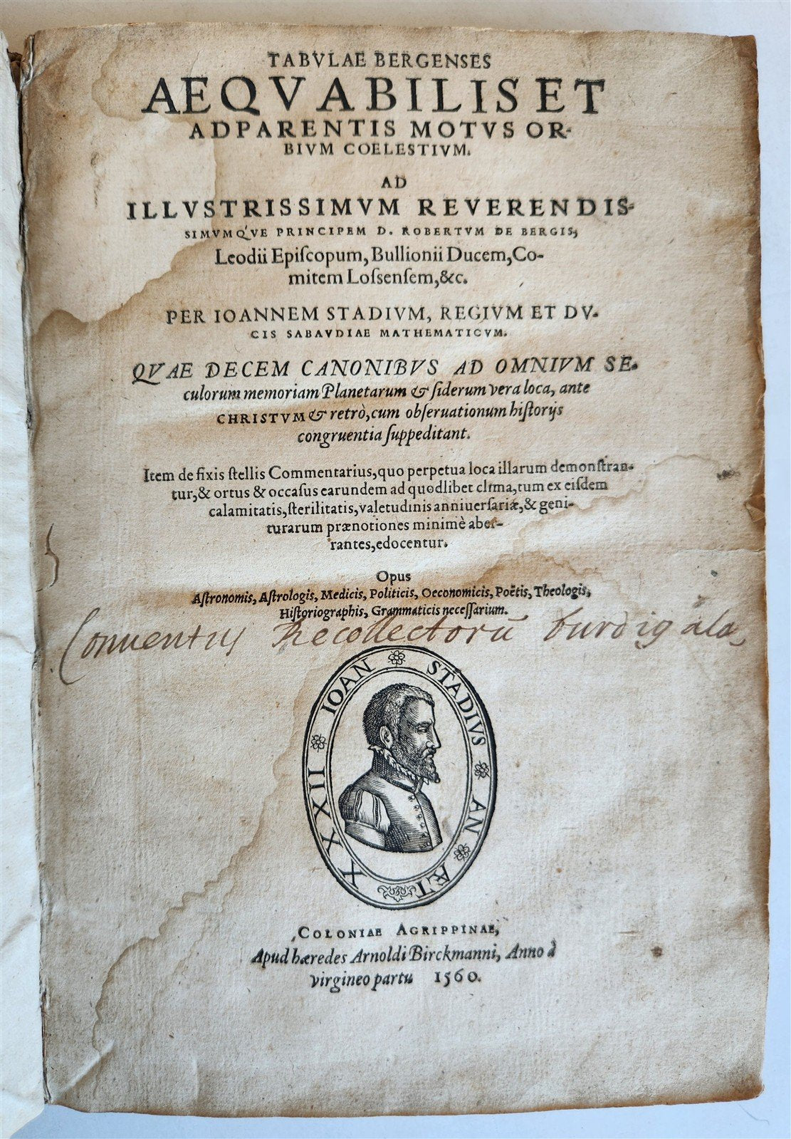 1560 ASTRONOMICAL TABLES by Joannes Stadius antique ASTROLOGY Tabulae Bergenses