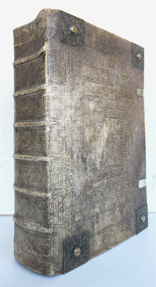 1755 BIBLE in GERMAN ANTIQUE illustrated PIGSKIN MASSIVE FOLIO w/ BRASS CORNERS