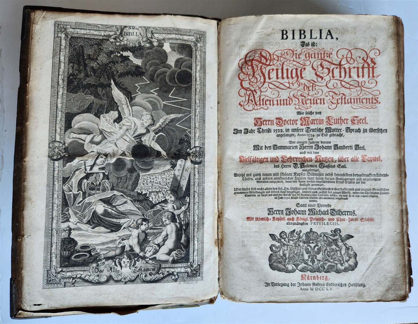1755 BIBLE in GERMAN ANTIQUE illustrated PIGSKIN MASSIVE FOLIO w/ BRASS CORNERS