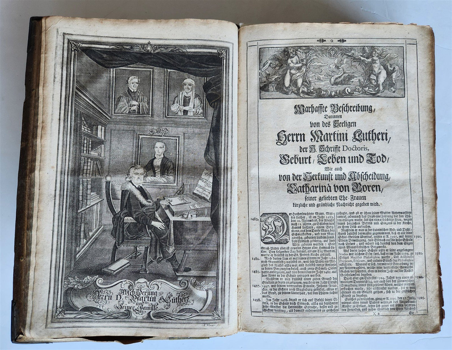 1755 BIBLE in GERMAN ANTIQUE illustrated PIGSKIN MASSIVE FOLIO w/ BRASS CORNERS
