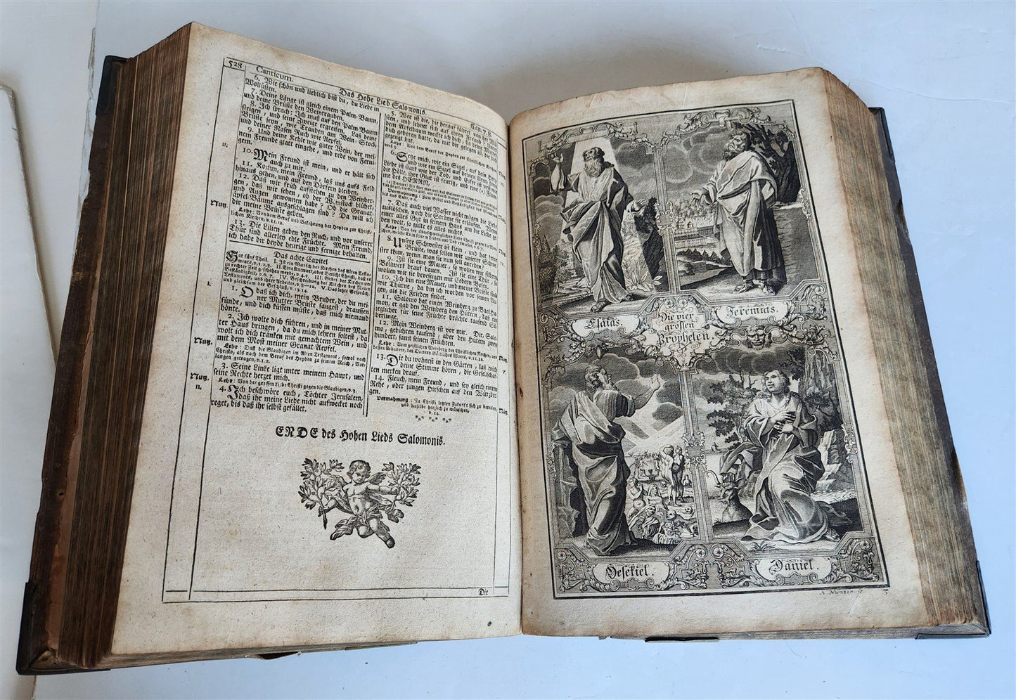 1755 BIBLE in GERMAN ANTIQUE illustrated PIGSKIN MASSIVE FOLIO w/ BRASS CORNERS