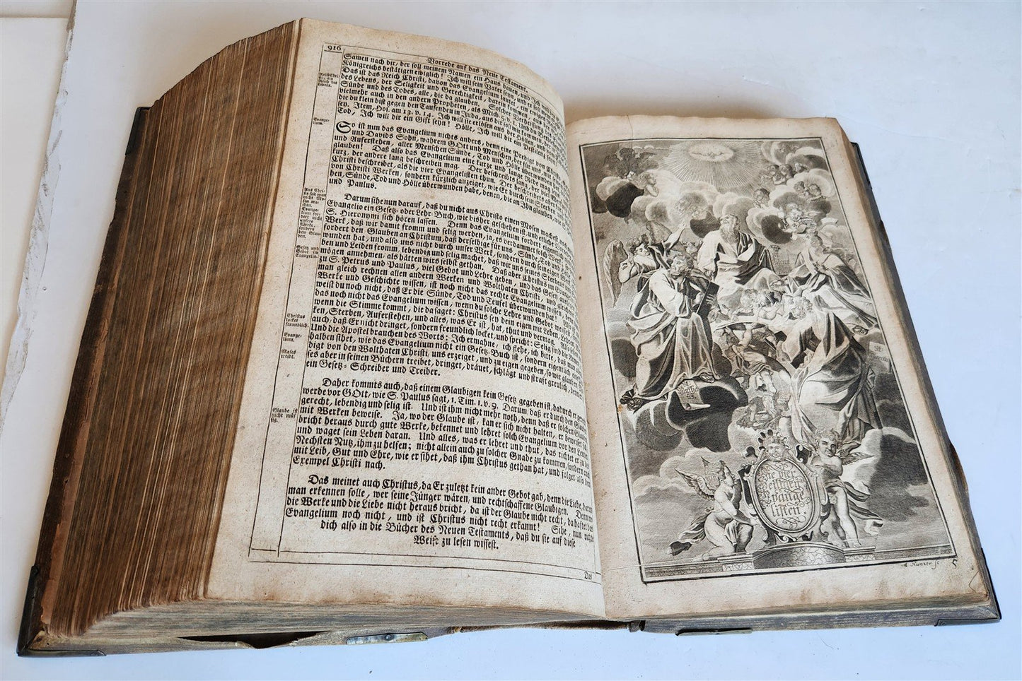 1755 BIBLE in GERMAN ANTIQUE illustrated PIGSKIN MASSIVE FOLIO w/ BRASS CORNERS
